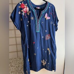 Embroidered Navy Women’s Shift Dress with Floral & Butterfly Motifs.  Linen